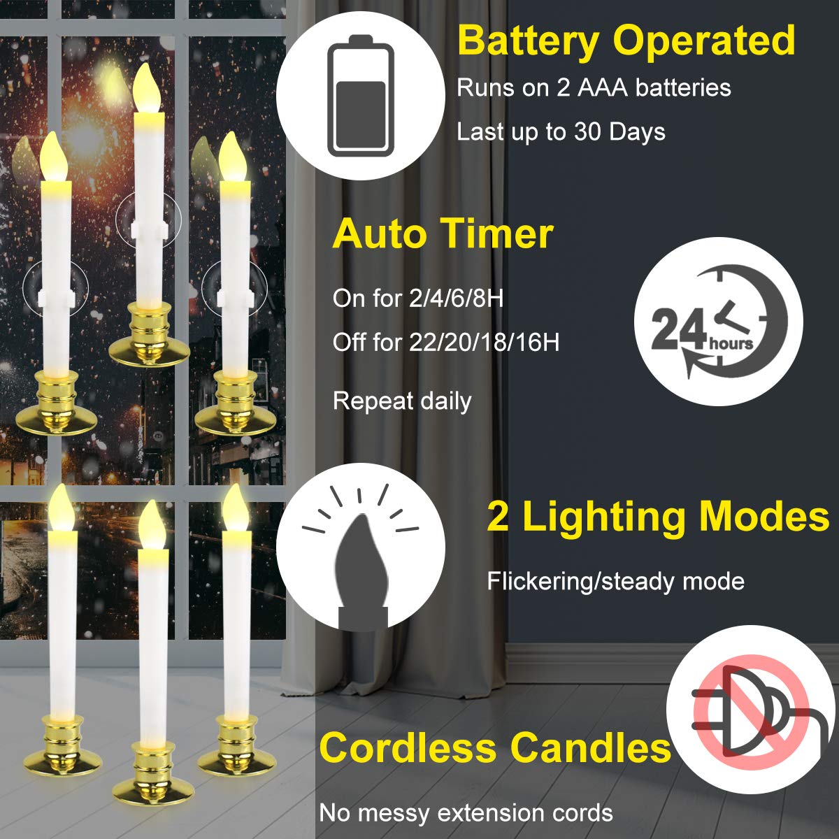 Kithouse 6 Set Christmas Window Candles Lights With Timer Battery Operated Electric Led Taper Candles Flameless For Windows, Gol